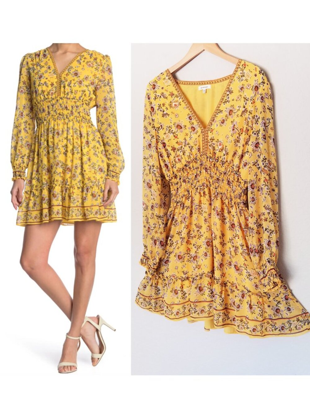 Max Studio Yellow Floral Smocked Waist V-Neck Mini Dress Long Sleeve Size L - Picture 14 of 14